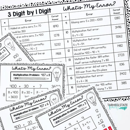 Multiply Whole Numbers with Area Model Error Analysis Task Cards Activities