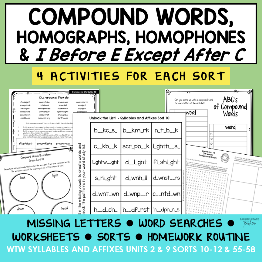 Compound Words, Homophones and Homographs Syllables Affixes Activity Printable