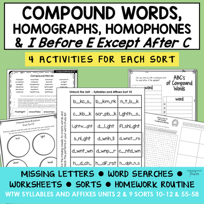 Compound Words, Homophones and Homographs Syllables Affixes Activity Printable
