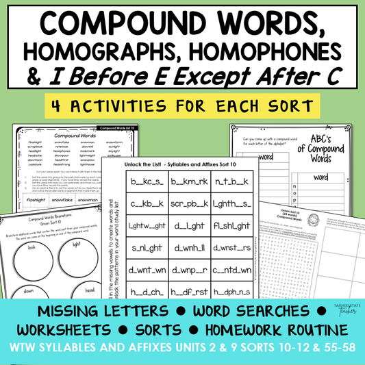 Compound Words, Homophones and Homographs Syllables Affixes Activity Printable