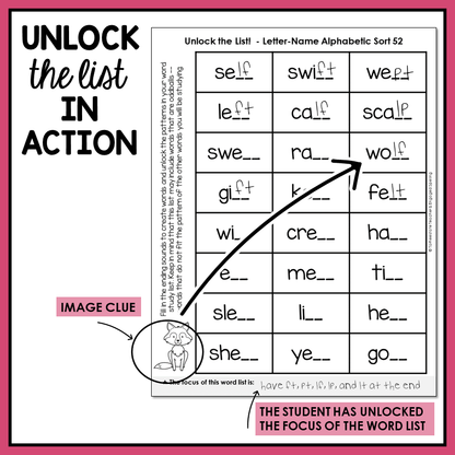 A fill-in-the-blank, missing letter spelling activity for 1st to early 2nd graders in the Letter Name-Alphabetic stage.