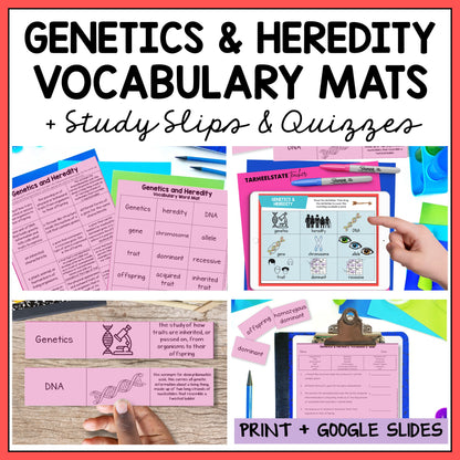 Educational materials for genetics and heredity including vocabulary mats, study slips, and quizzes.