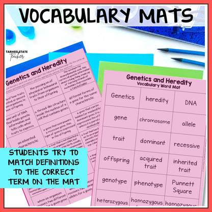 Vocabulary mats for genetics and heredity with definitions and terms