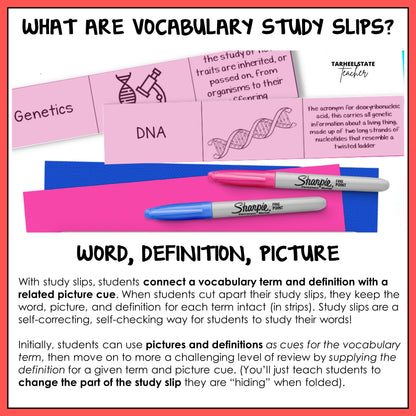 Vocabulary study slips with with science vocabulary word, definition, and picture illustrating the term