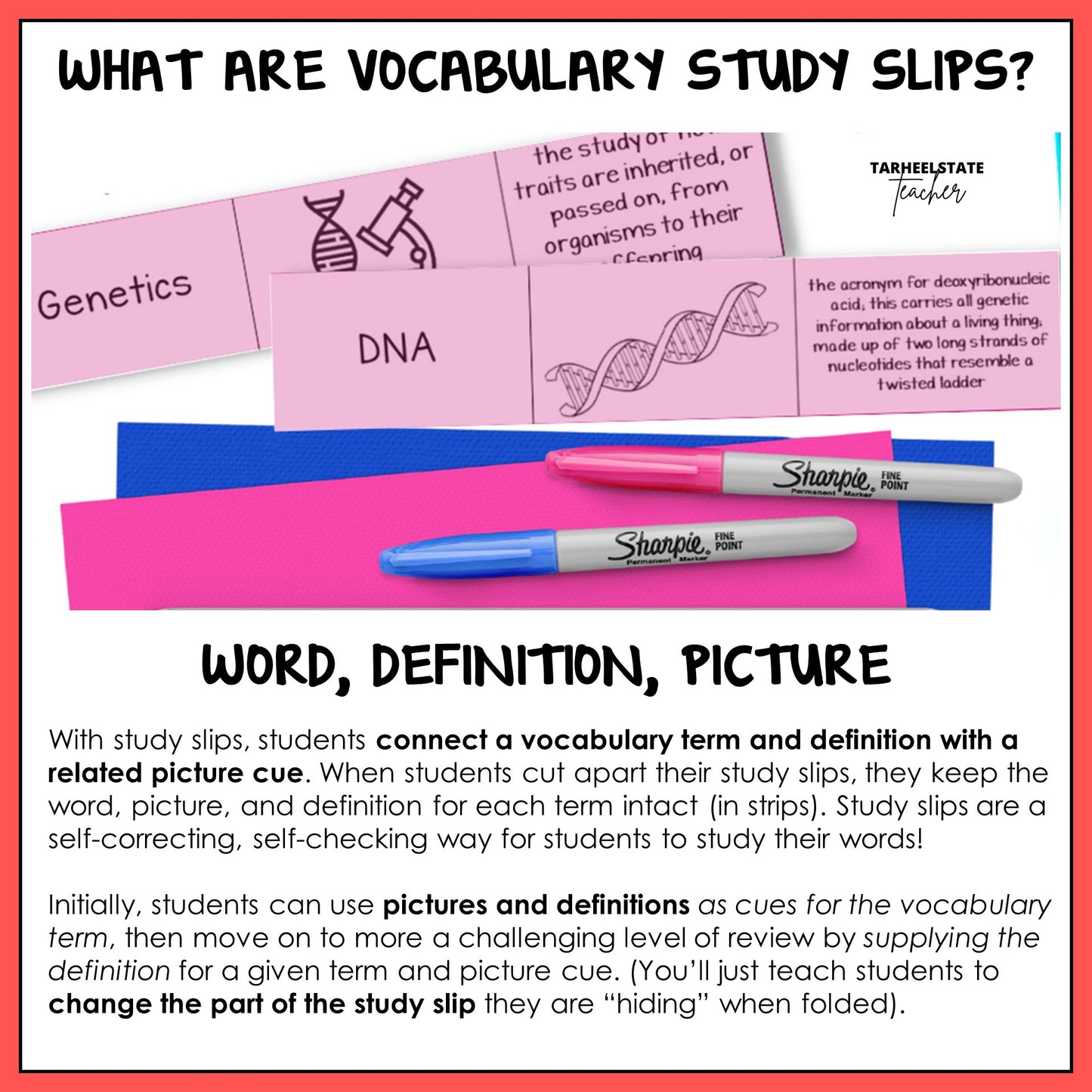 Vocabulary study slips with science term, definition, and picture