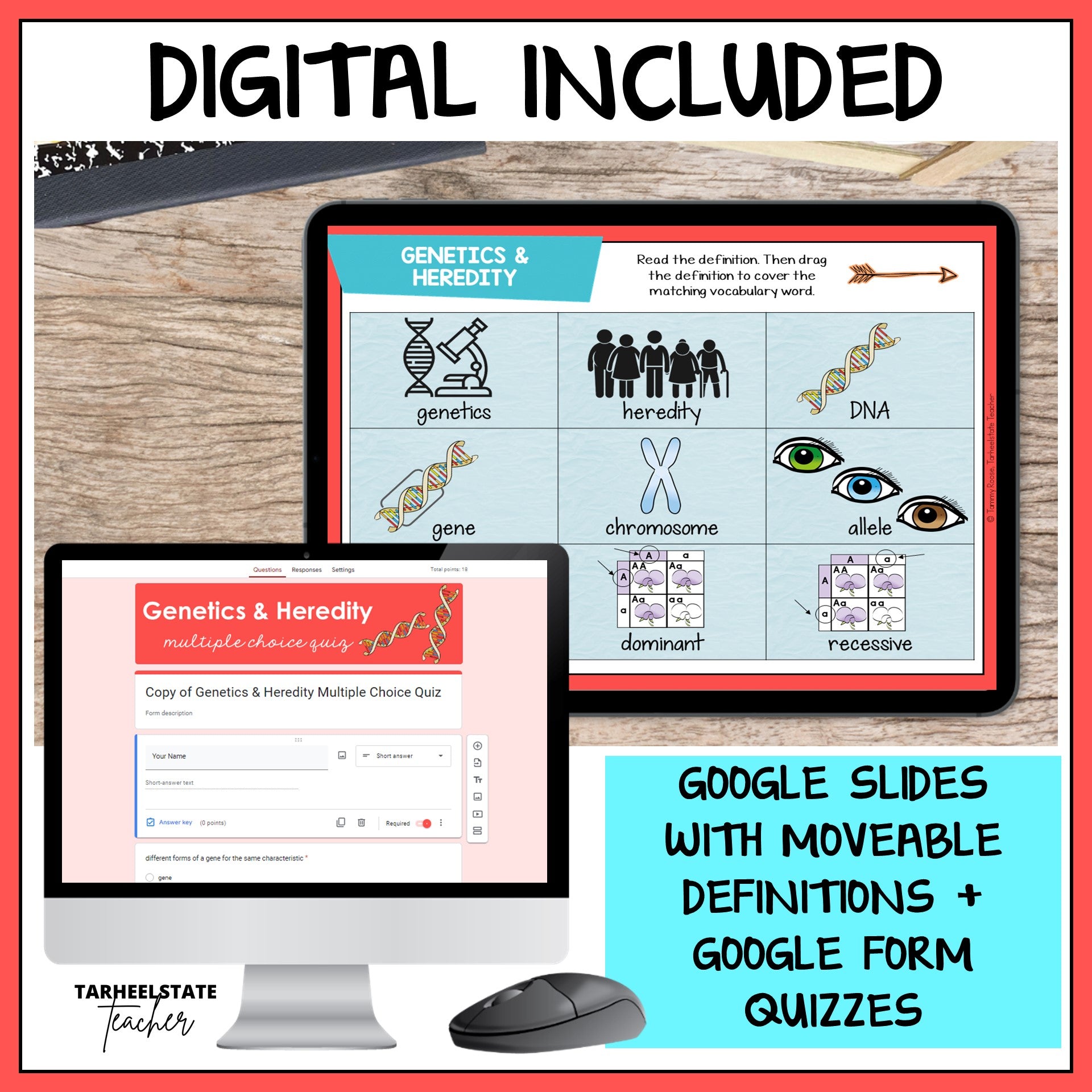 Digital google slides with moveable definitions and google form quizzes included in the Genetics and Heredity resource
