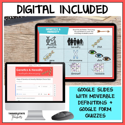 Digital google slides with moveable definitions and google form quizzes included in the Genetics and Heredity resource