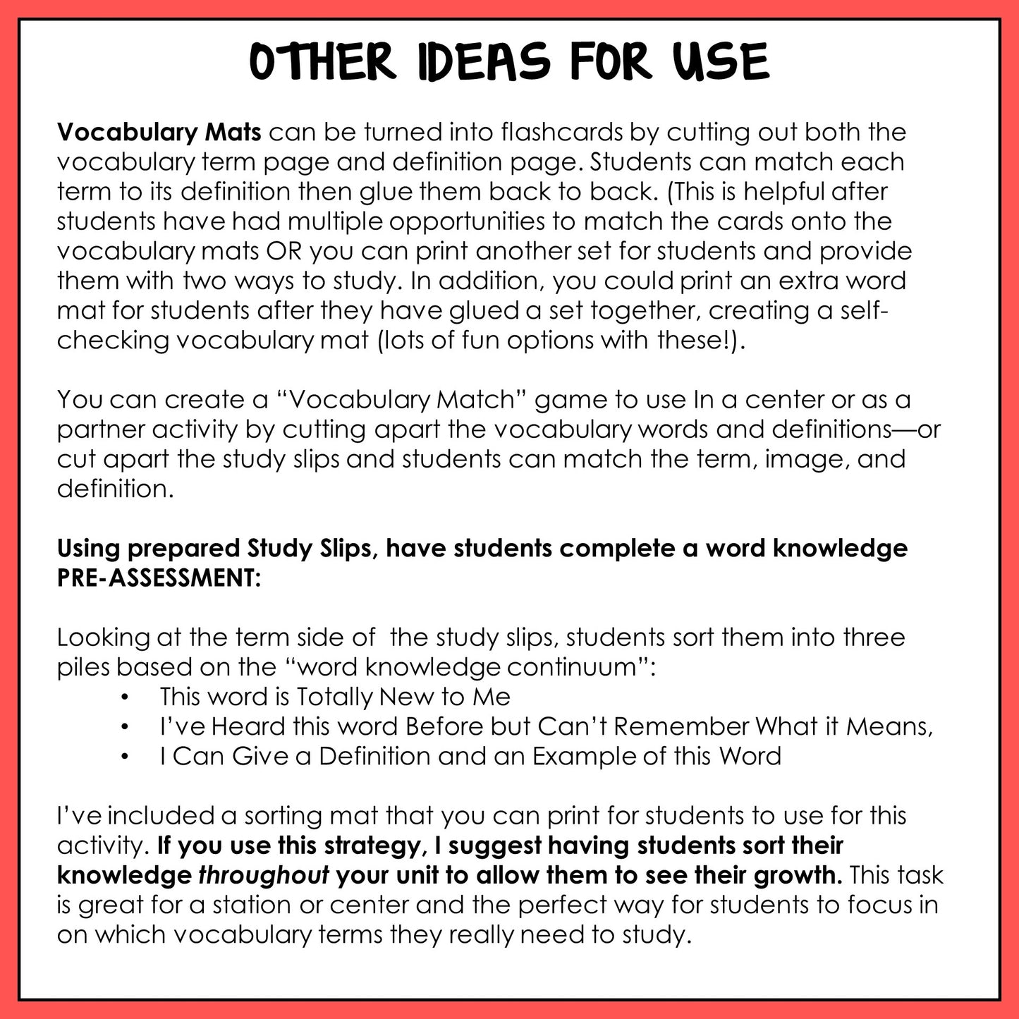 Instructions for using vocabulary mats and study slips