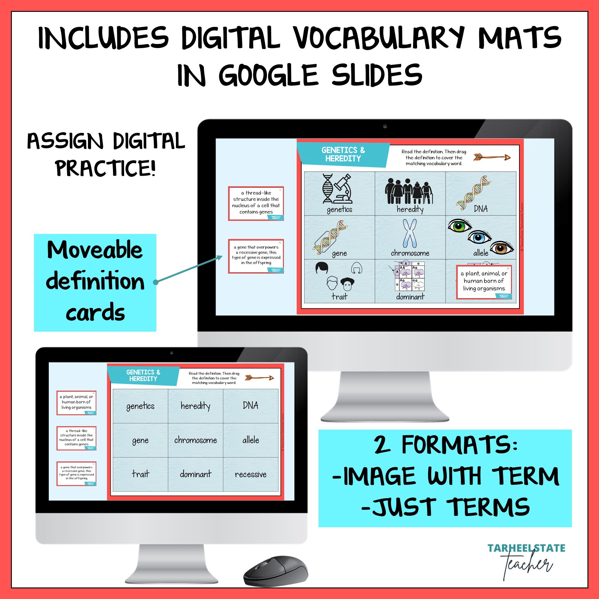 Digital vocabulary mats with Google Slides on a computer screen, featuring text about assign digital practice and movable definition cards.