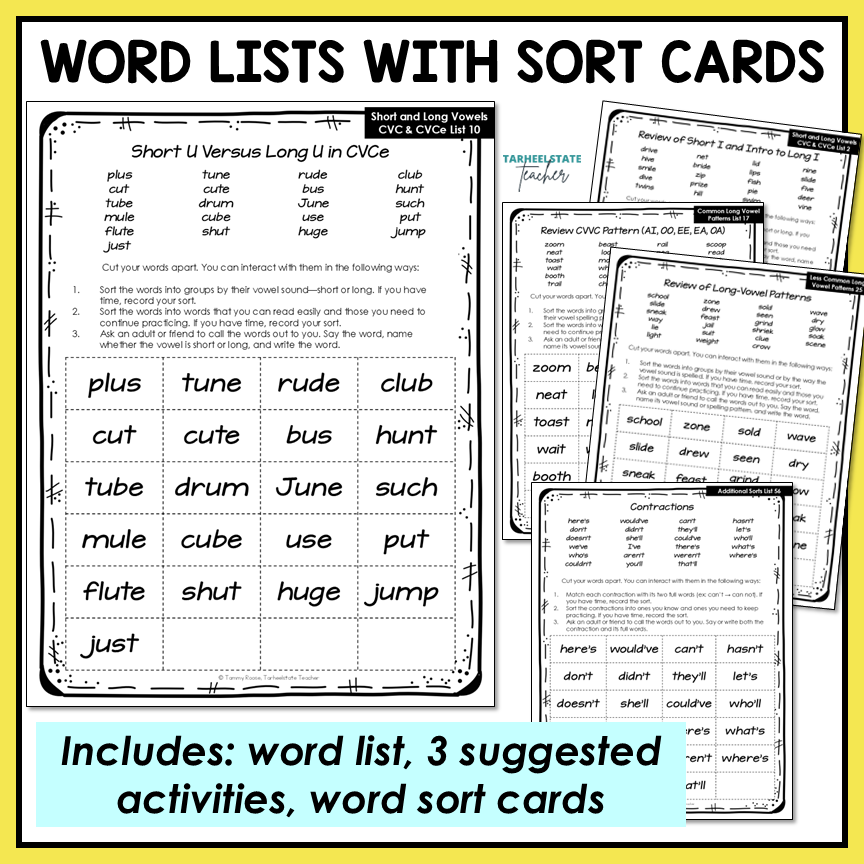 Word lists with sort cards for at-home  or in the classroom spelling practice