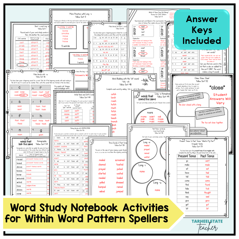 Collection of word study notebook activities with answer keys included for students in the Within Word Pattern stage