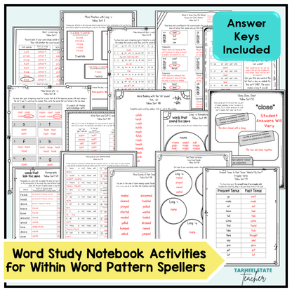 Collection of word study notebook activities with answer keys included for students in the Within Word Pattern stage