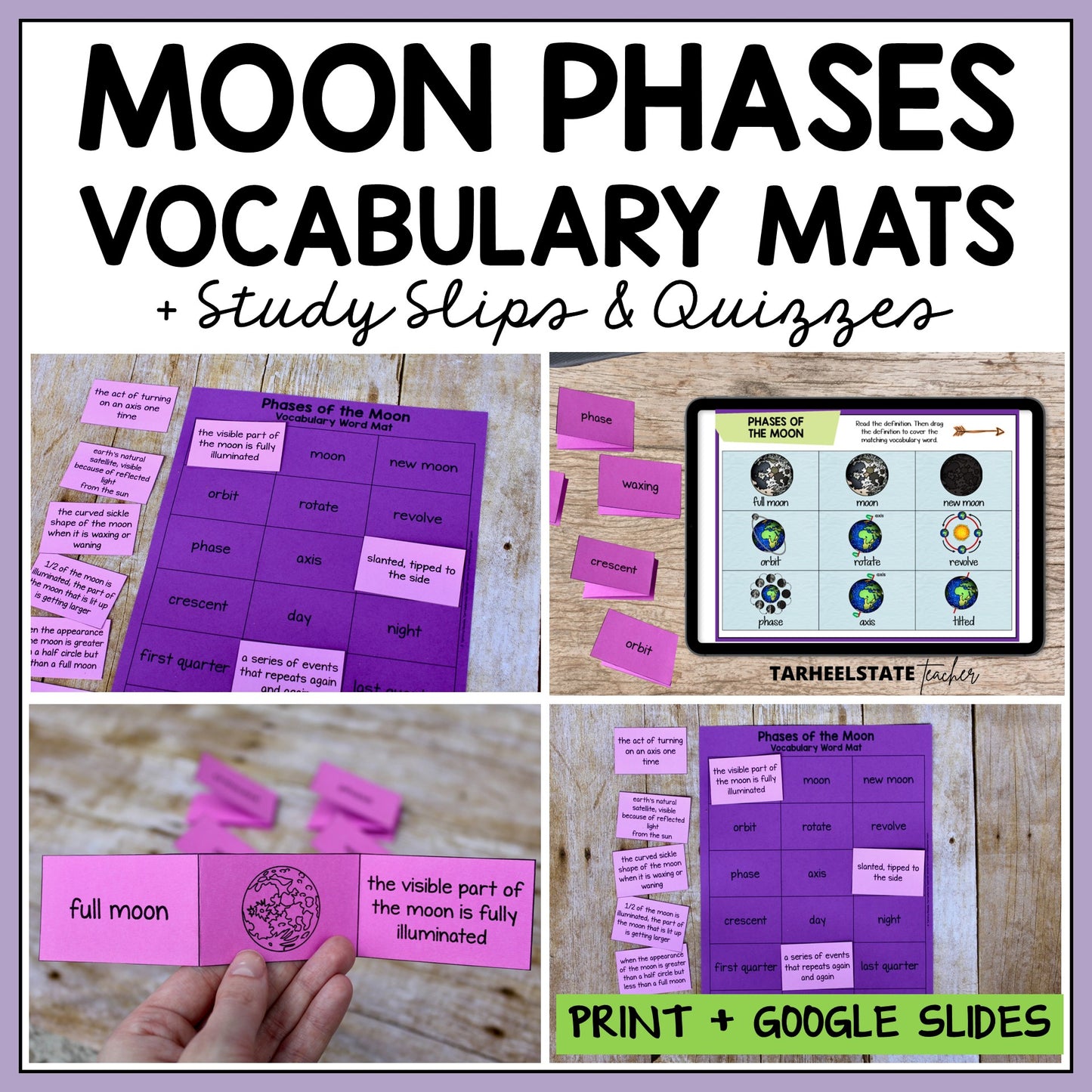 Moon phases vocabulary mats, study slips, and quizzes 
