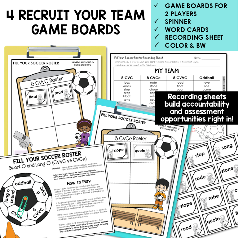 Educational game boards for teaching short o and long o spelling patterns with soccer-themed graphics.