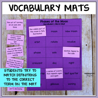 Vocabulary mat for teaching phases of the moon with definitions
