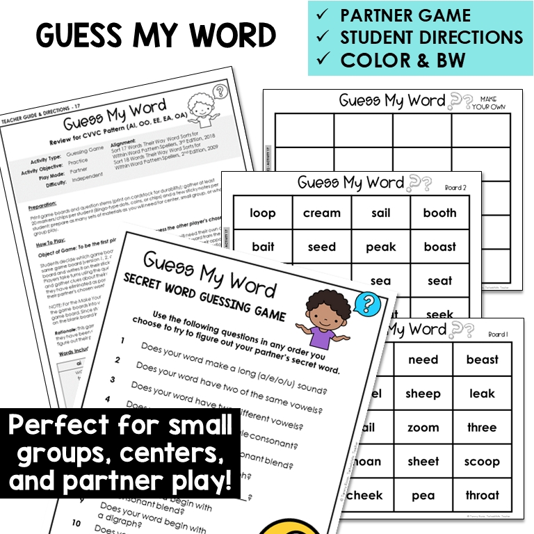 Educational materials for a 'Guess My Word' game with partner game, student directions, and color & BW options.