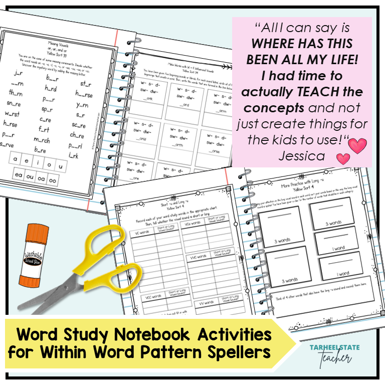 Word study notebook activities for within word pattern spellers 