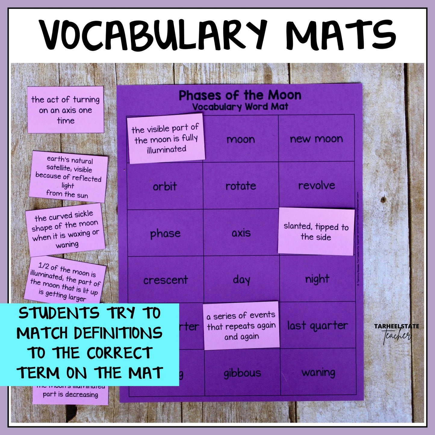 Vocabulary mat for teaching phases of the moon with definitions