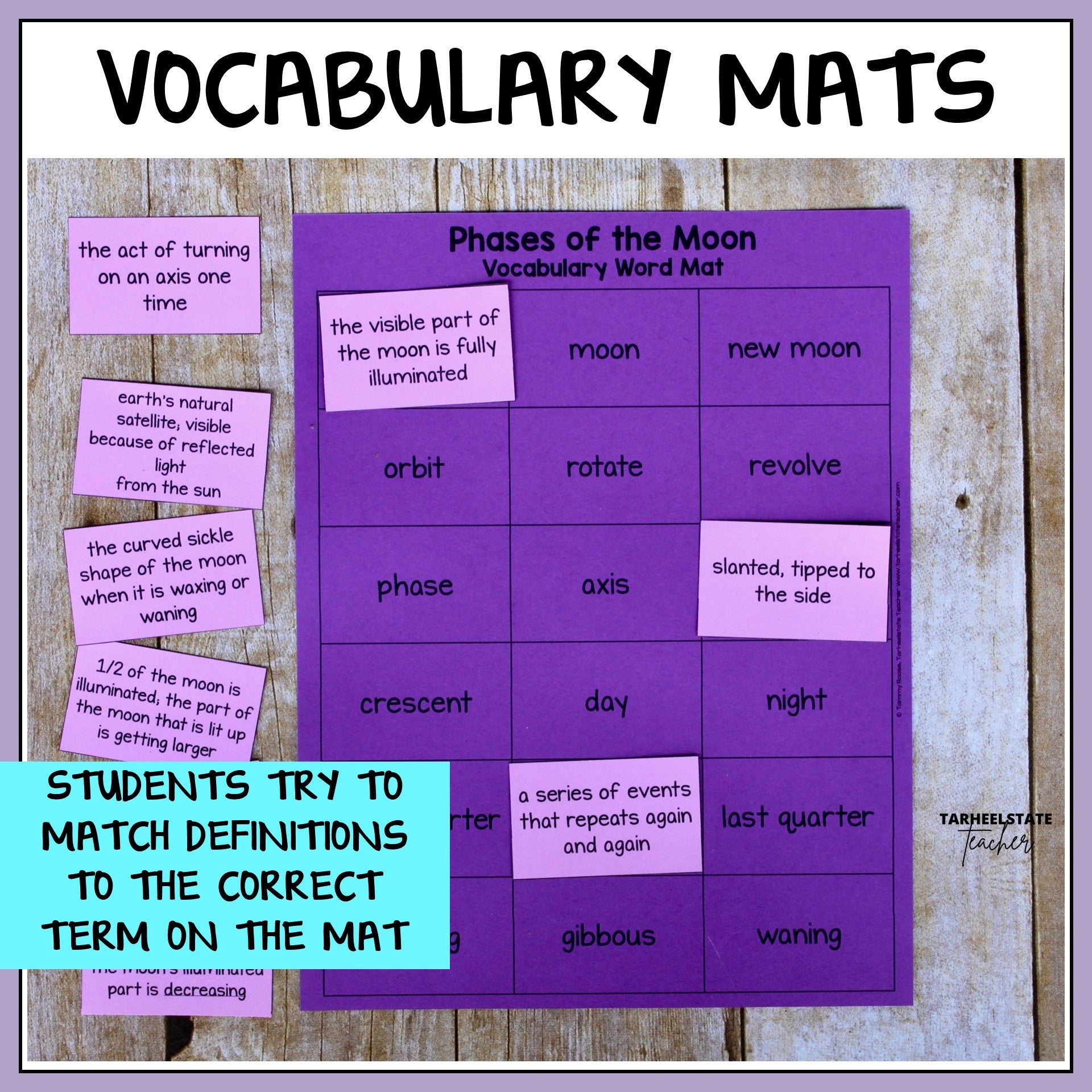 Vocabulary mat for teaching phases of the moon with definitions
