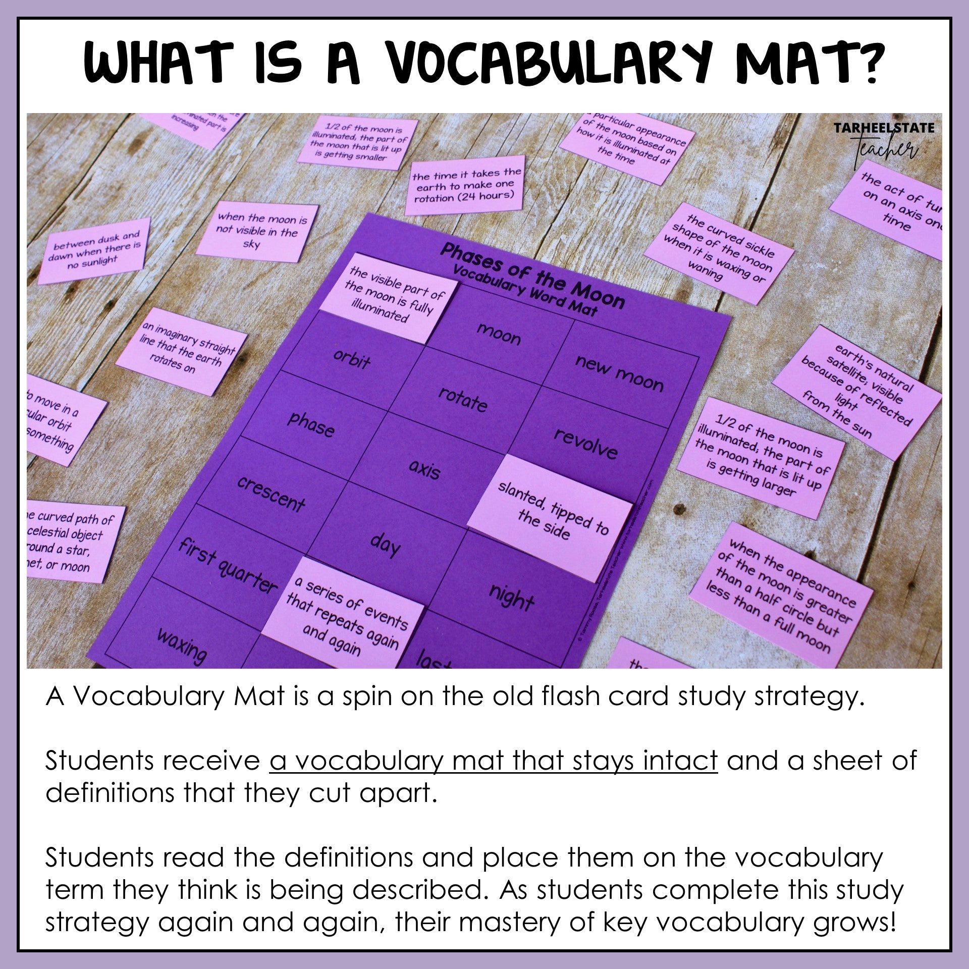Vocabulary mat with cut-out cards explaining the concept of a vocabulary mat.