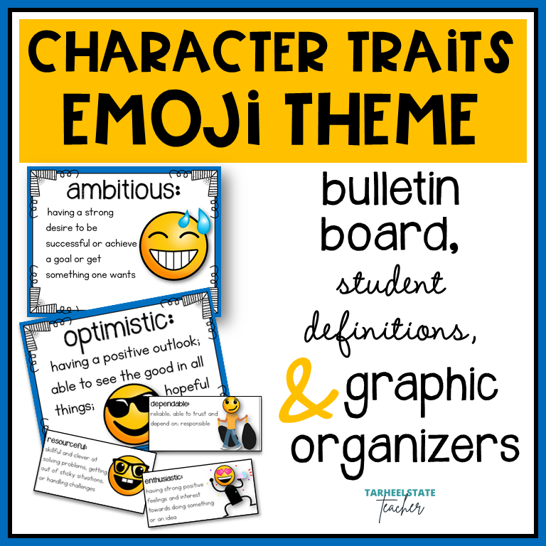 Emoji Character Traits List Graphic Organizers and Vocabulary Activities Bulletin Board