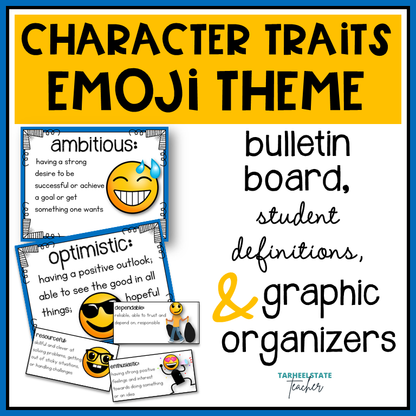 Emoji Character Traits List Graphic Organizers and Vocabulary Activities Bulletin Board