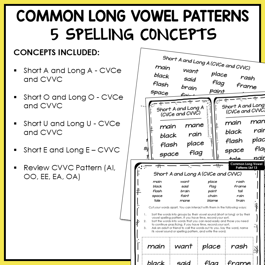 Long Vowel Patterns CVVC and CVCe Words Within Word Pattern Activity Printable