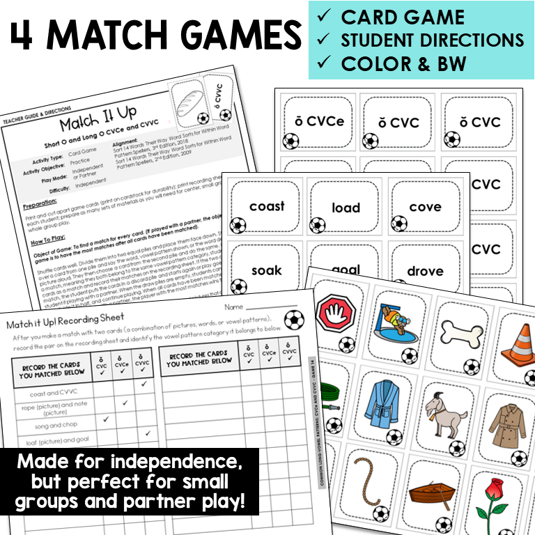 Educational materials including card games, student directions, and recording sheets.