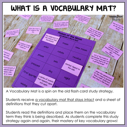 Vocabulary mat with cut-out cards explaining the concept of a vocabulary mat.