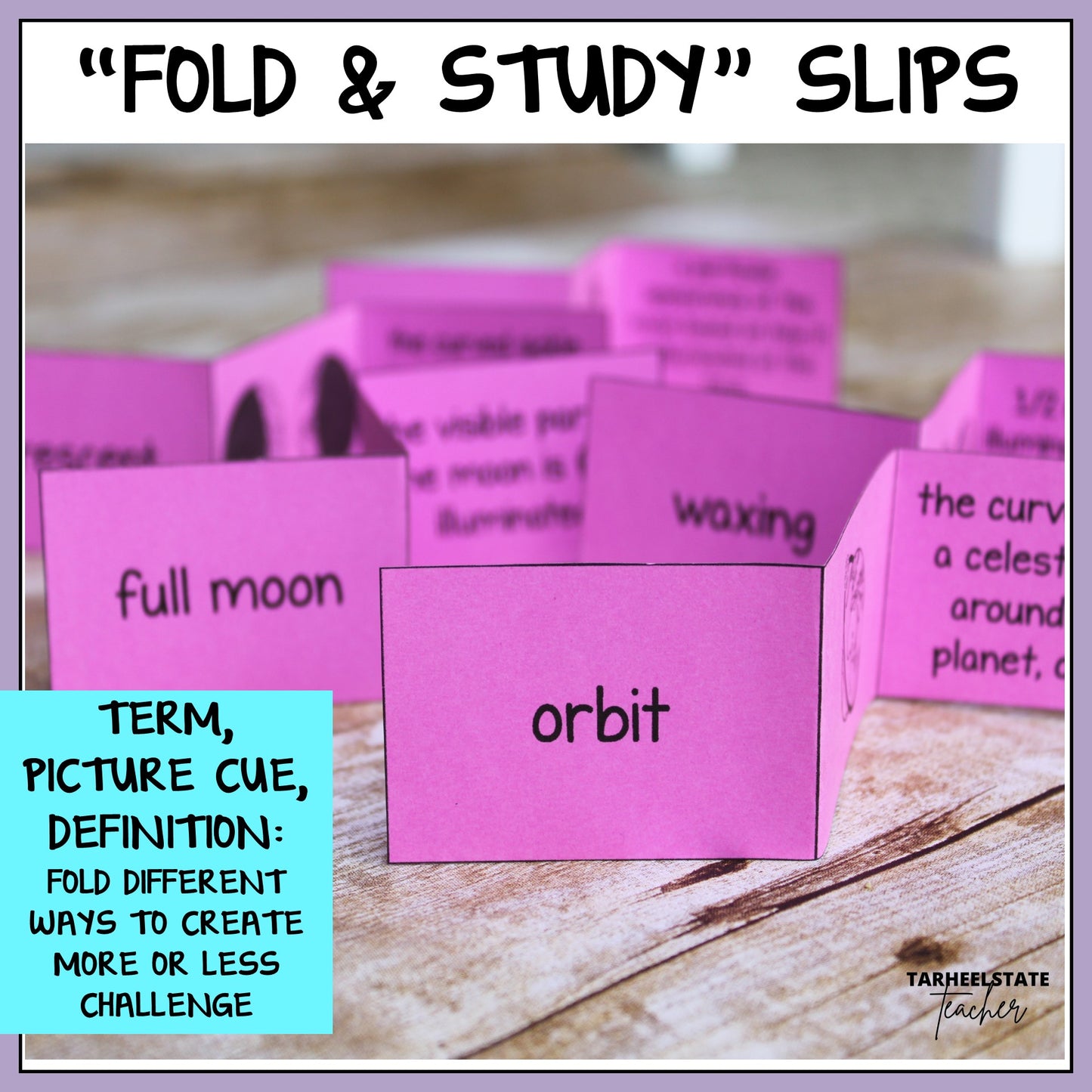 Educational 'Fold & Study' slips with moon phases definitions