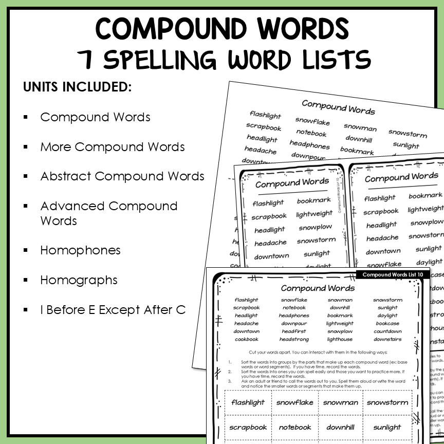 Compound Words, Homophones and Homographs Syllables Affixes Activity Printable