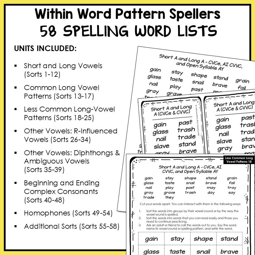 Spelling word lists with short and long vowel patterns, r-controlled vowel patterns, diphthongs and ambiguous vowels, beginning and ending complex consonants, and homophones for the Words Their Way Within Word Pattern stage