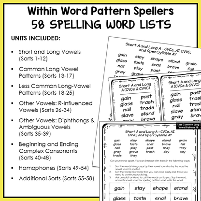 Spelling word lists with short and long vowel patterns, r-controlled vowel patterns, diphthongs and ambiguous vowels, beginning and ending complex consonants, and homophones for the Words Their Way Within Word Pattern stage