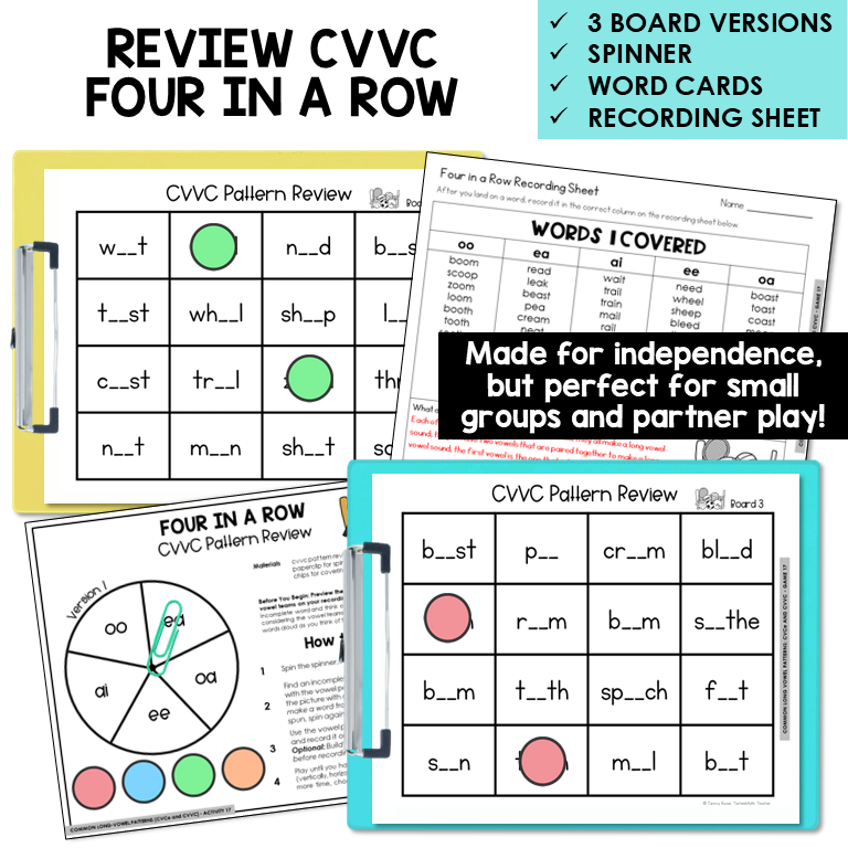Educational materials for reviewing CVVC patterns with spinner, word cards, and recording sheet.