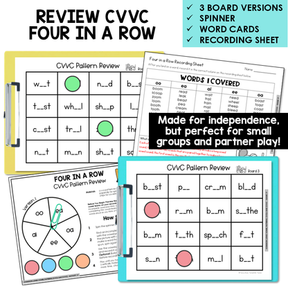 Educational materials for reviewing CVVC patterns with spinner, word cards, and recording sheet.