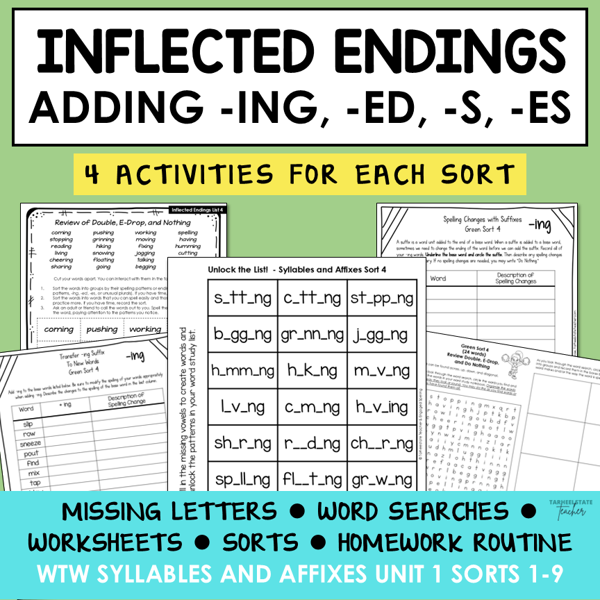 Inflected Endings Adding ED, ING, S and ES Syllables Affixes Activity Printable