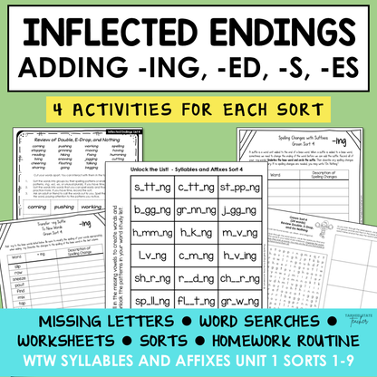 Inflected Endings Adding ED, ING, S and ES Syllables Affixes Activity Printable