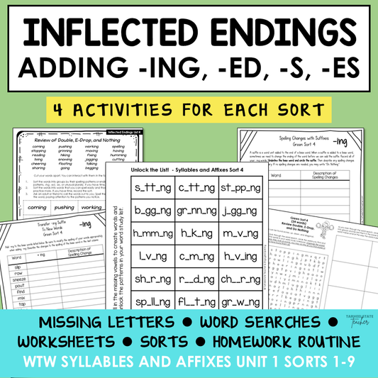 Inflected Endings Adding ED, ING, S and ES Syllables Affixes Activity Printable