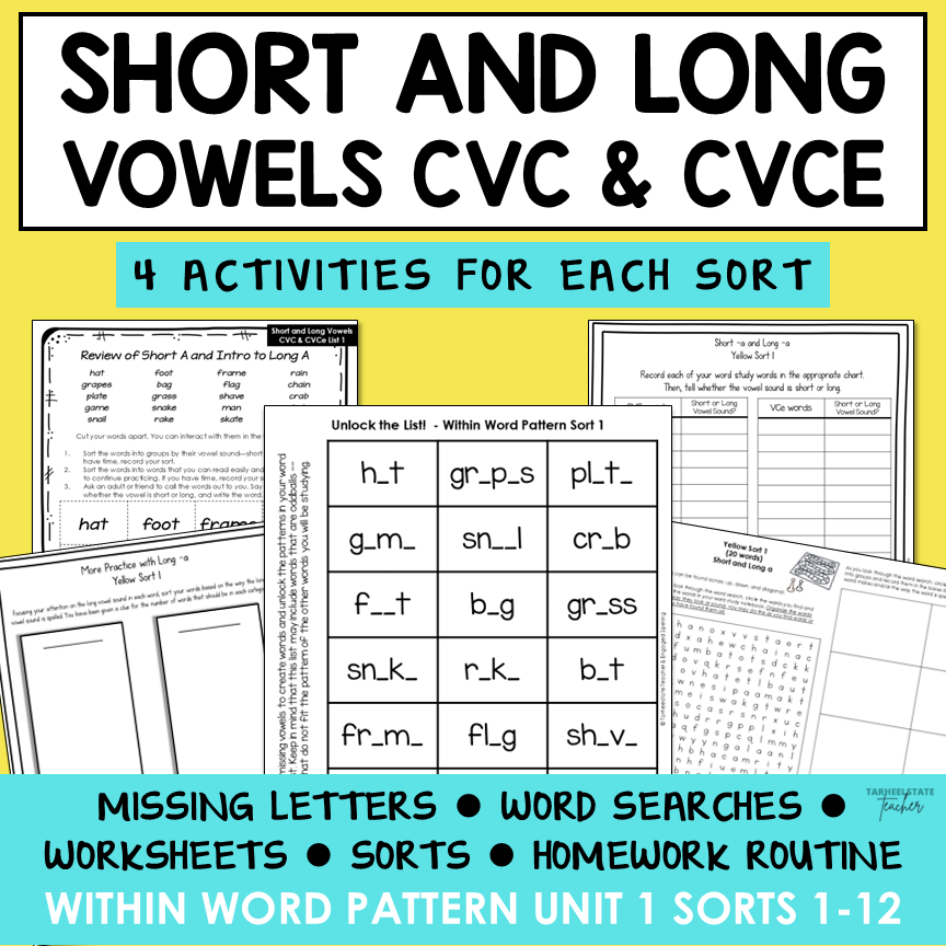 Short vs Long Vowels CVC and CVCe Words Within Word Pattern Activity Printable