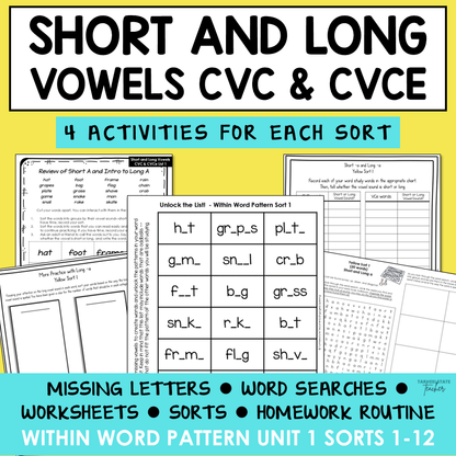 Short vs Long Vowels CVC and CVCe Words Within Word Pattern Activity Printable