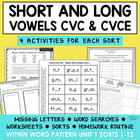 Short vs Long Vowels CVC and CVCe Words Within Word Pattern Activity Printable