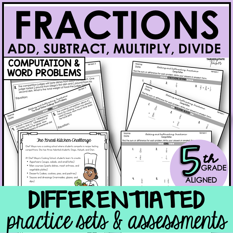 5th Grade Fractions 5.NF ALL Standards Adding Subtracting Multiplying Dividing Fractions