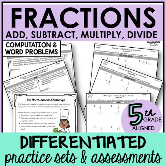 5th grade leveled practice and worksheets covering adding, subtracting, multiplying, and dividing fractions