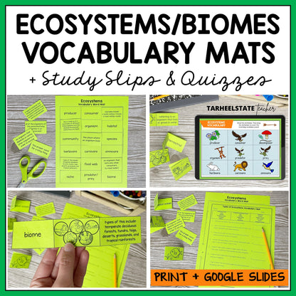 Educational materials for teaching ecosystems and biomes, including vocabulary mats, study slips, and quizzes.