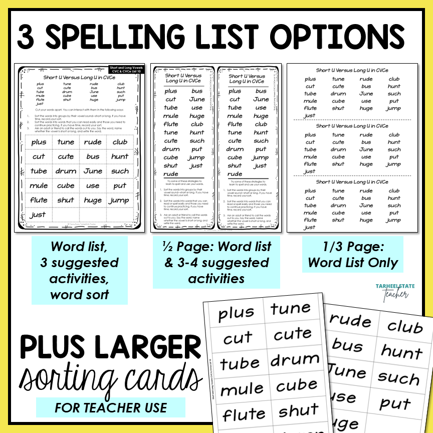 Spelling list options with word cards and activities for at-home spelling practice