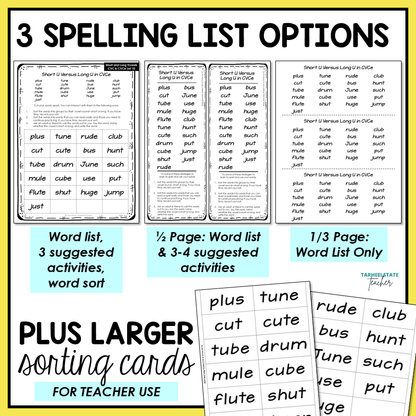 Spelling list options with word cards and activities for at-home spelling practice