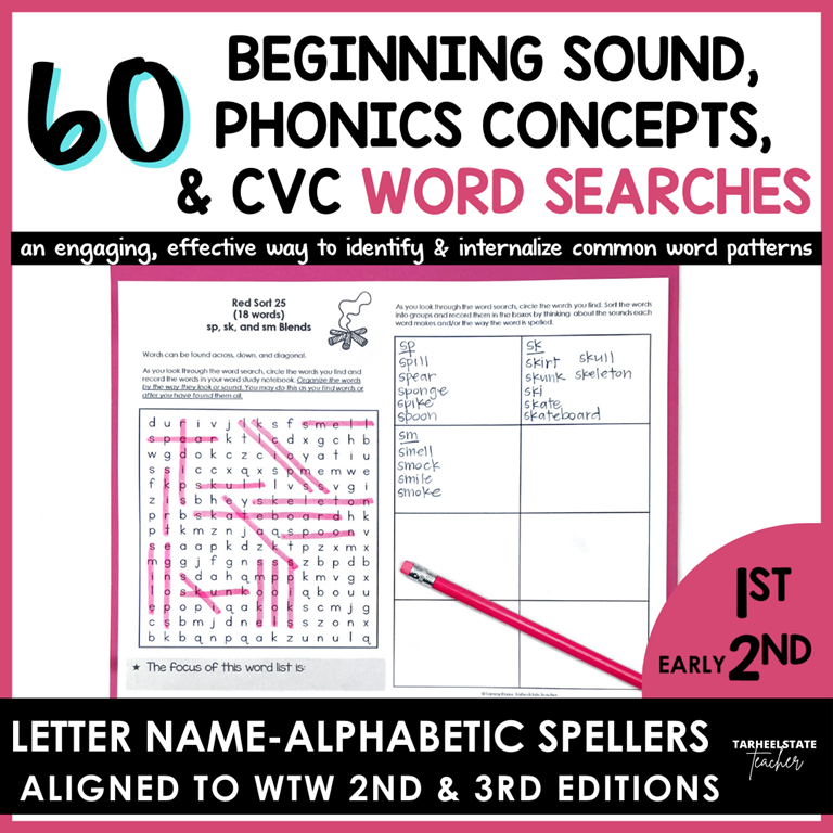 Educational resource for phonics concepts and CVC word searches for students in the Letter Name-Alphabetic stage.