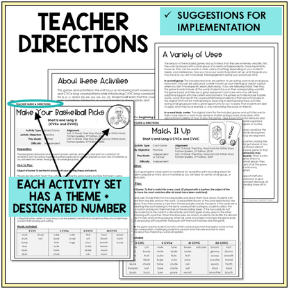 Teacher directions and suggestions for implementation for using word study games and centers in the classroom.