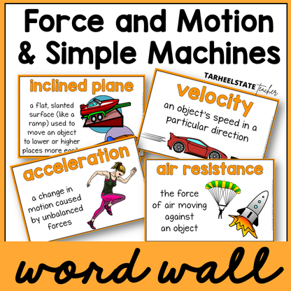 Educational posters about force and motion with definitions and illustrations for science word wall or bulletin board