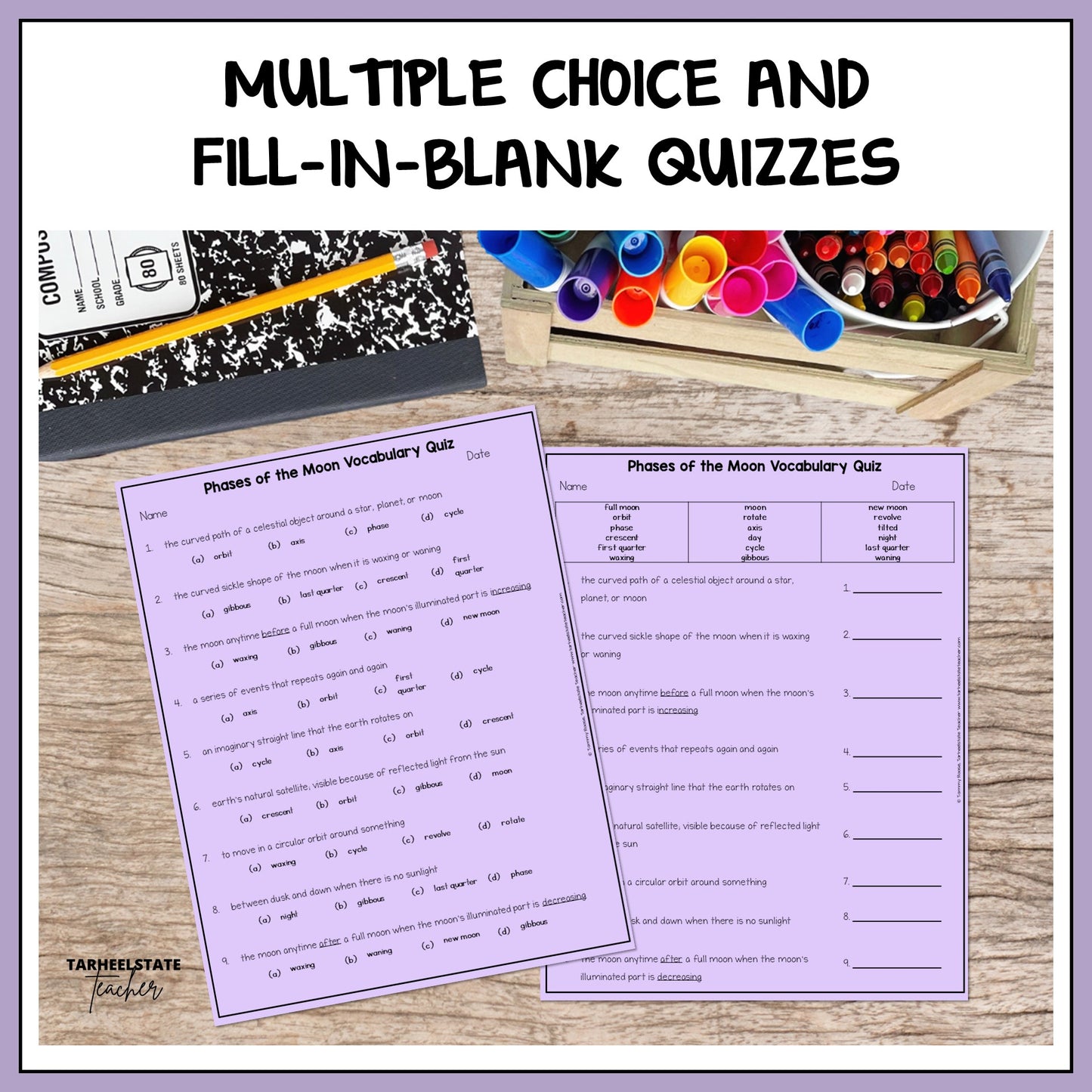 Multiple choice and fill-in-the-blank quizzes for checking student understanding and test prep